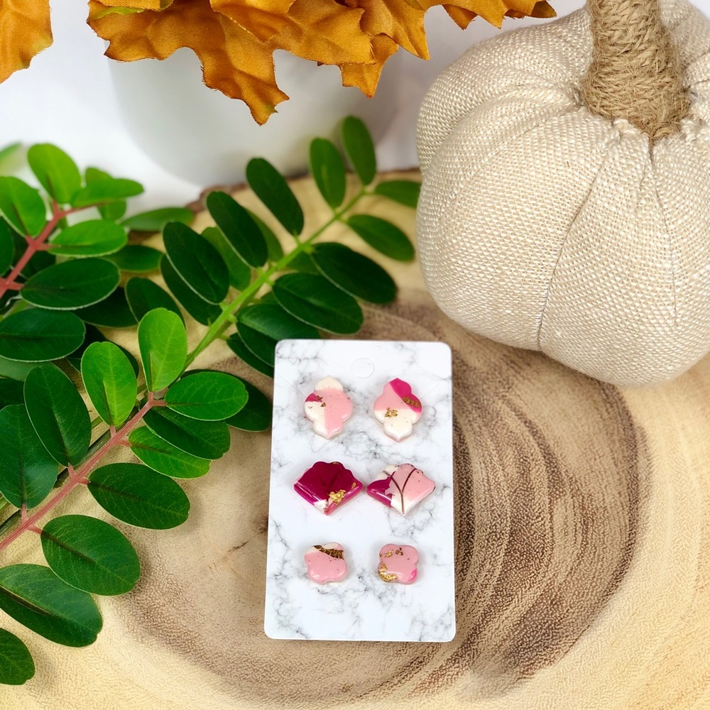 Pink and Gold Floral Stud Earrings Set 3 Pairs